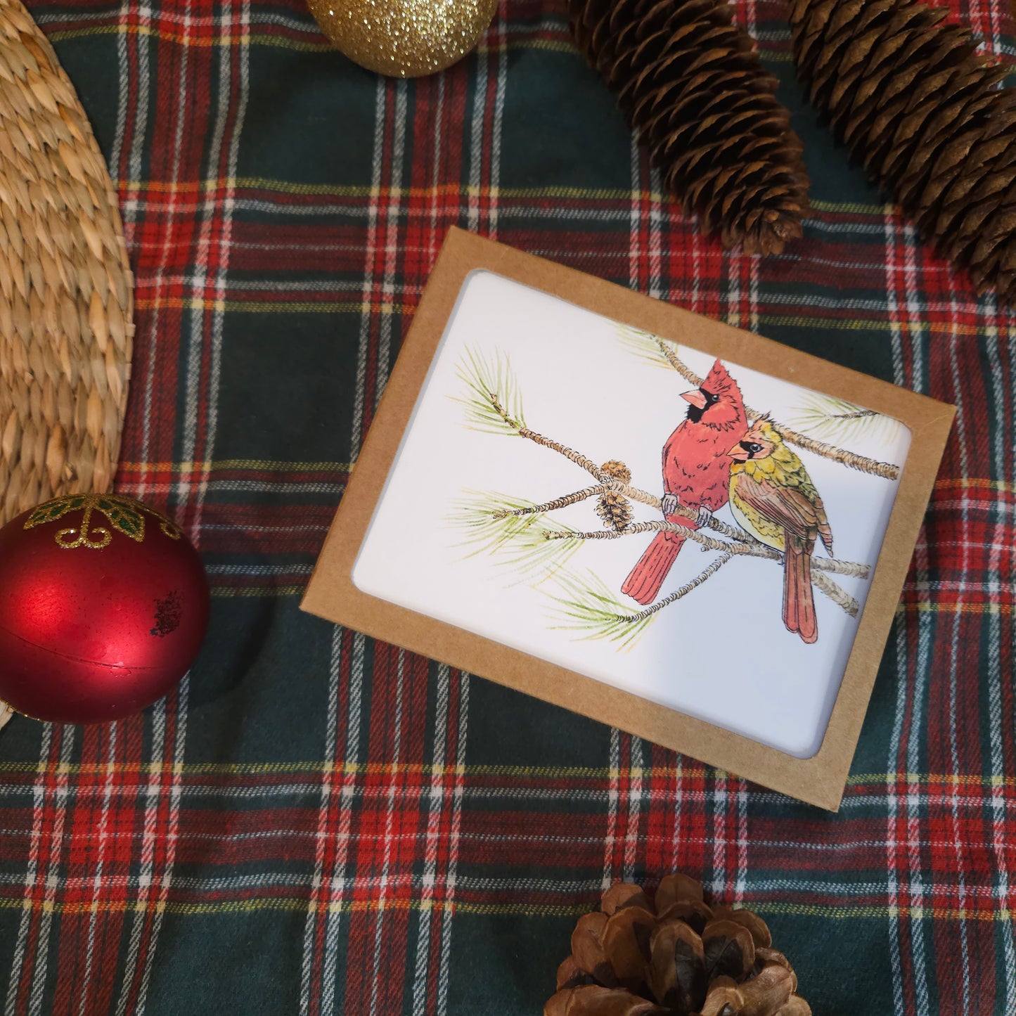 Couple in the Evergreen Greeting Card – Cardinals on Pine Bough