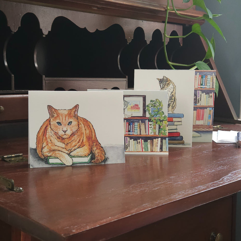Reading Cats Greeting Card – Two Cats and a Bookshelf