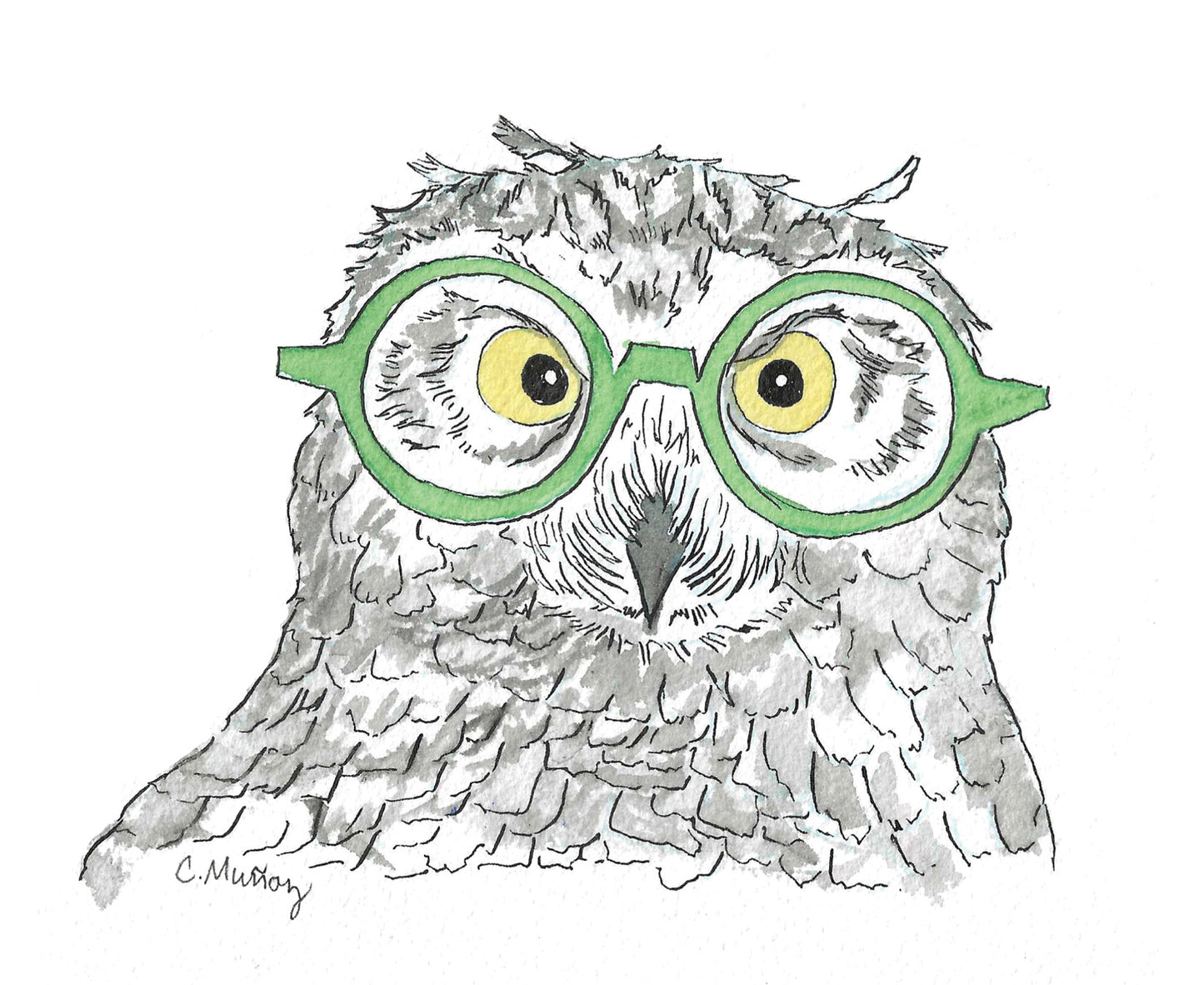 Green Specs Snowy Owl Greeting Card – Whimsical Woodland Charm
