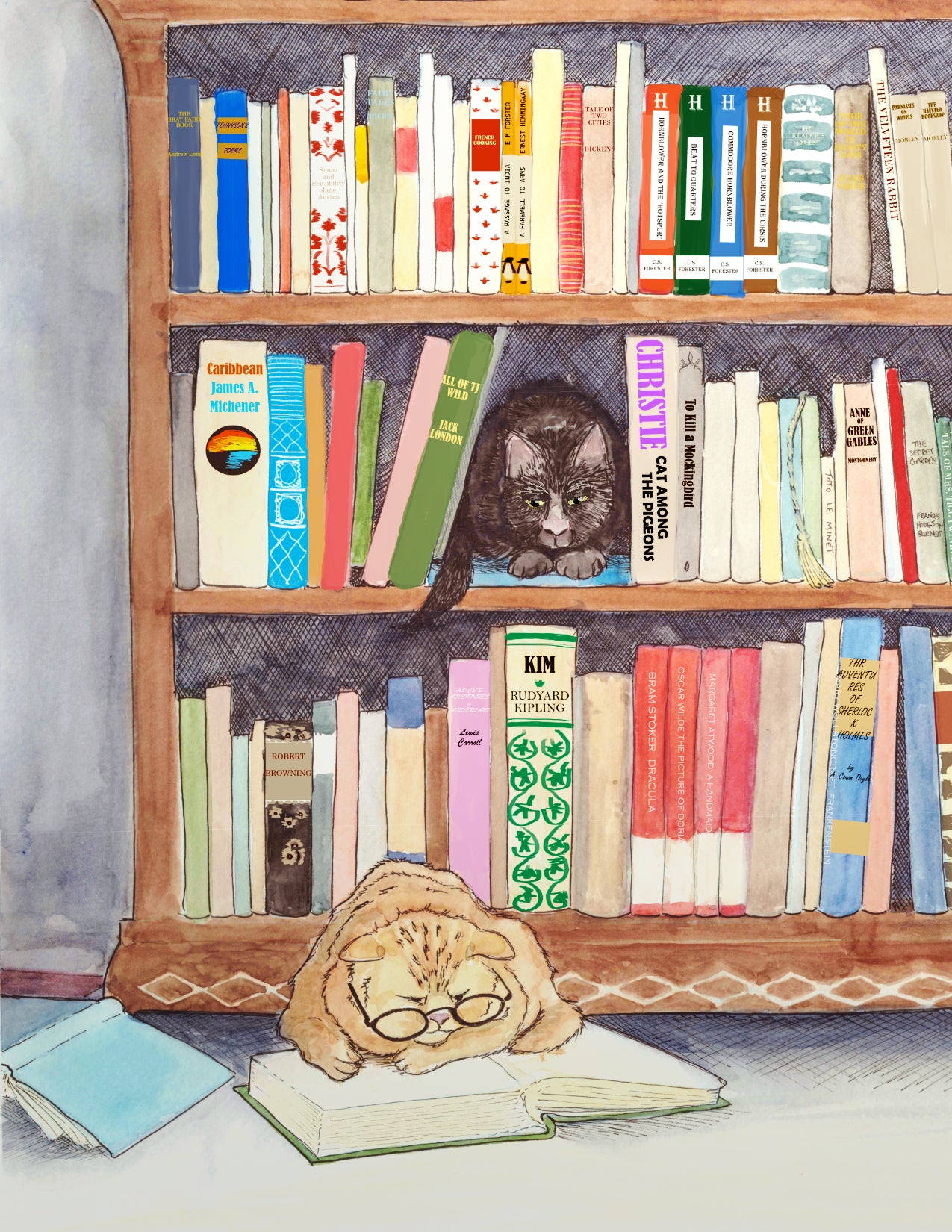 Reading Cats Greeting Card – Two Cats and a Bookshelf