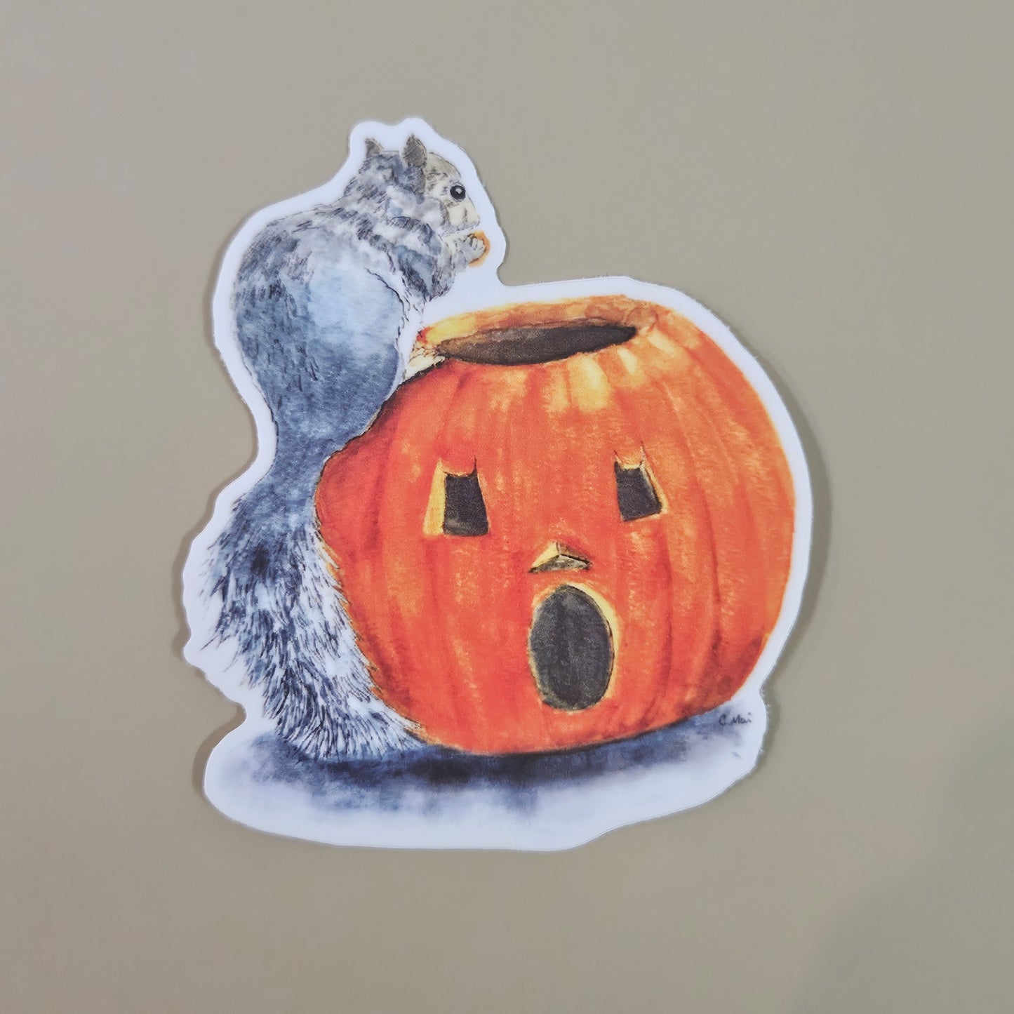 Pumpkin Surprise Squirrel Sticker - 3x3” waterproof vinyl decal
