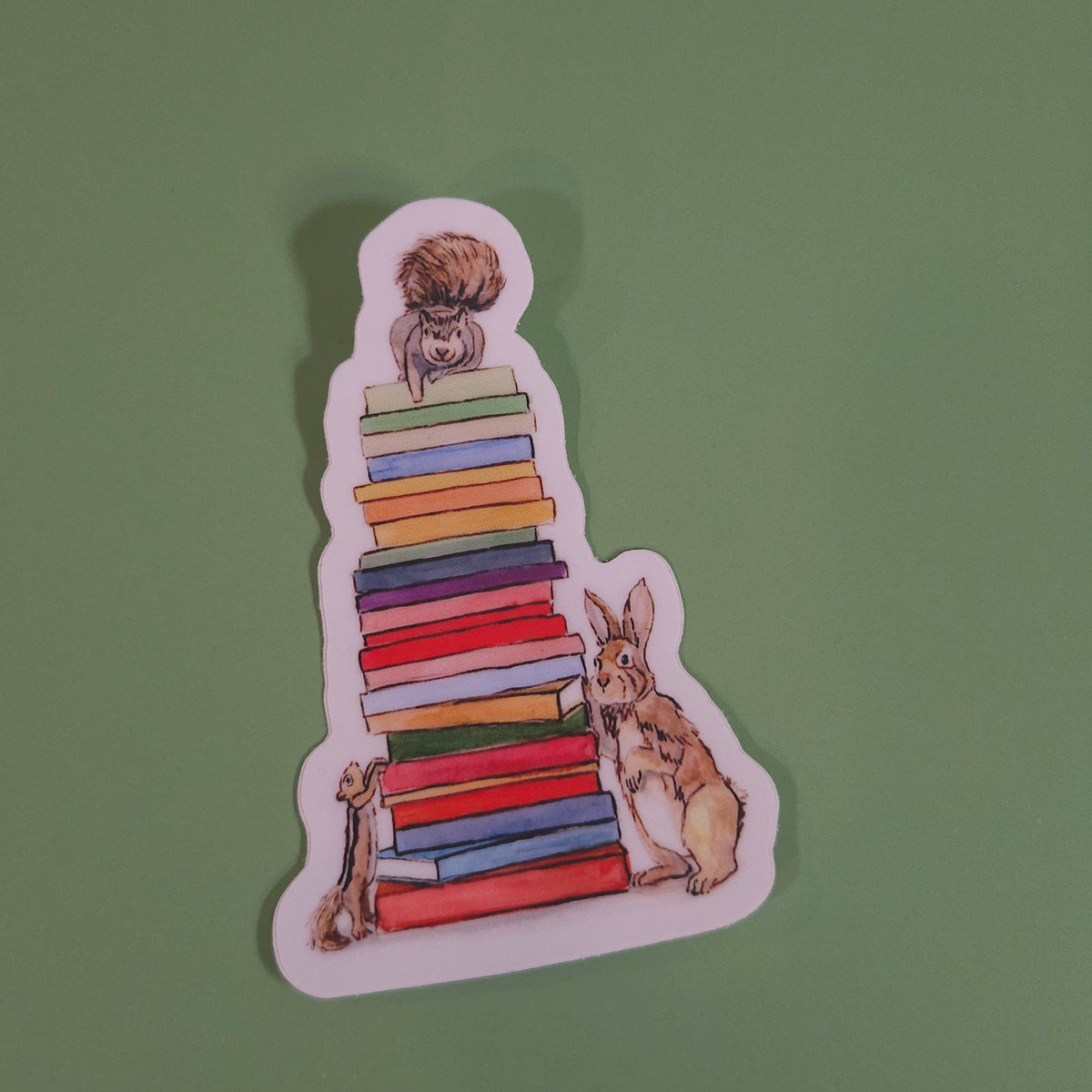 Rainbow Book Stack Squirrel Sticker - 3x3” waterproof vinyl decal