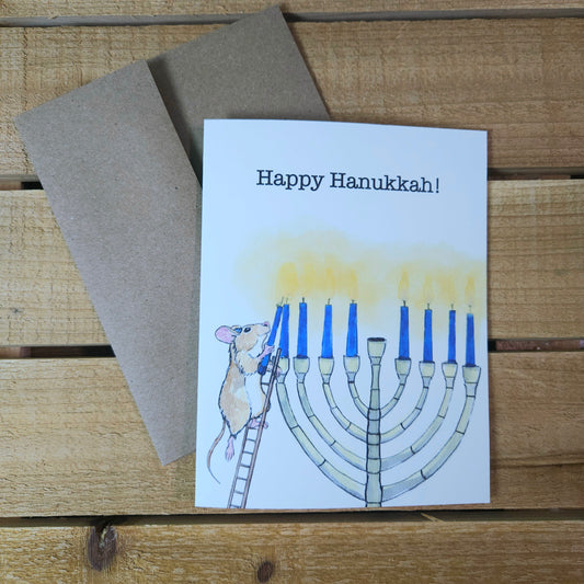 Hanukkah Greeting Card – Lamplighter Mouse Lighting the Menorah | 4.25 x 5.5 Inches