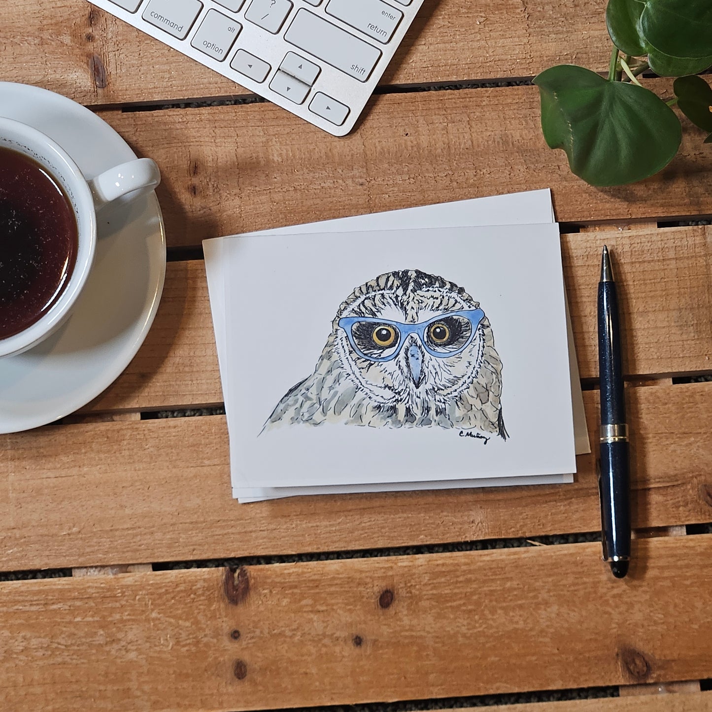 Blue Specs Owl Greeting Card – Whimsical Woodland Stationery