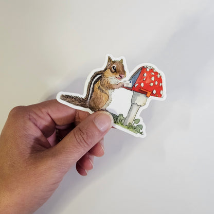 Mushroom Mailbox Chipmunk Sticker - Whimsical Woodland Vinyl | 3x3 inches