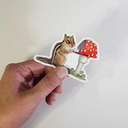 Mushroom Mailbox Chipmunk Sticker - Whimsical Woodland Vinyl | 3x3 inches