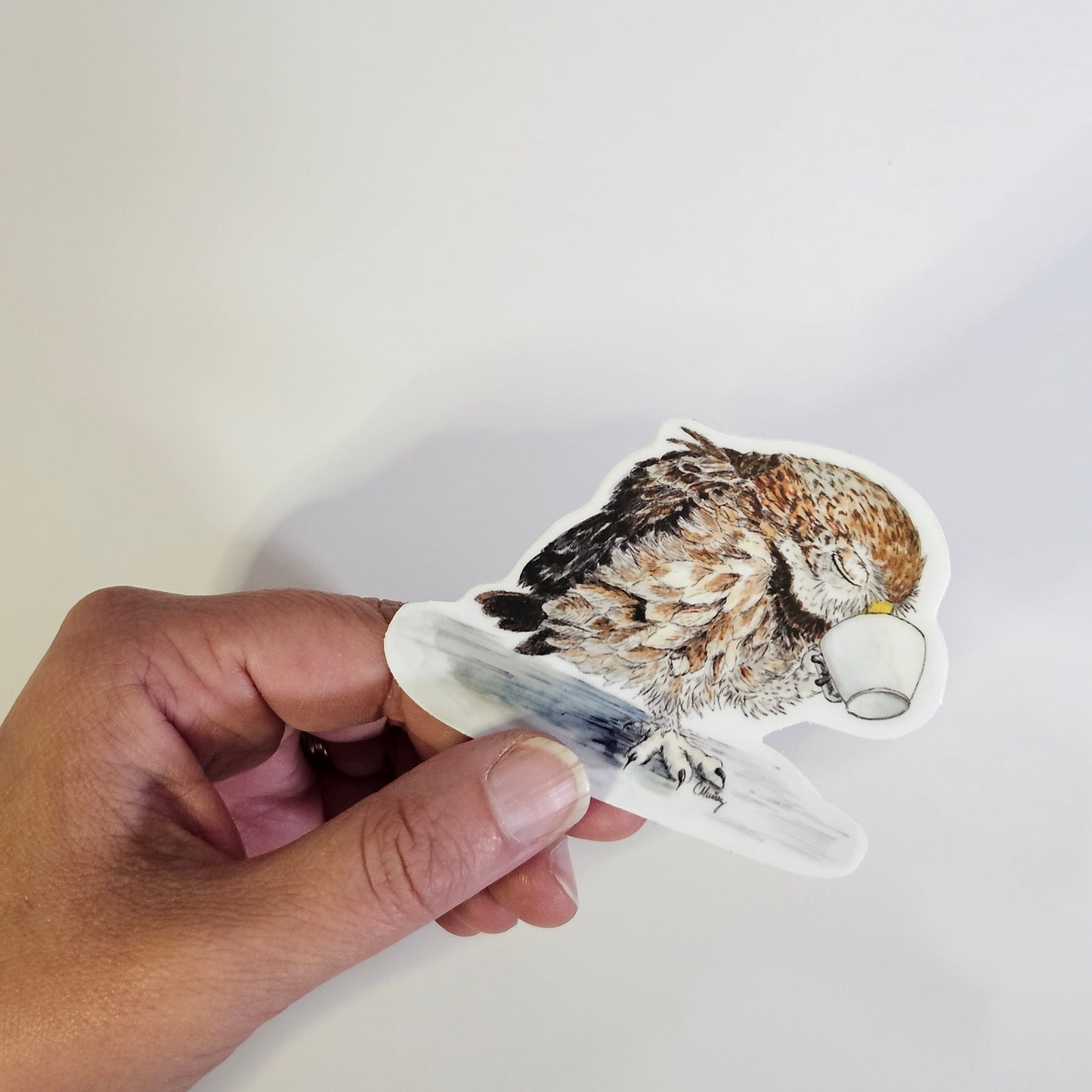 Owl Sipping Tea Sticker – 3x3 Inch Waterproof Vinyl Decal