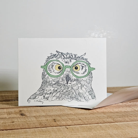 Green Specs Snowy Owl Greeting Card – Whimsical Woodland Charm