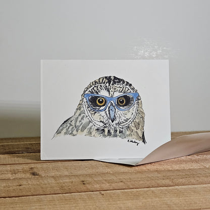Blue Specs Owl Greeting Card – Whimsical Woodland Stationery