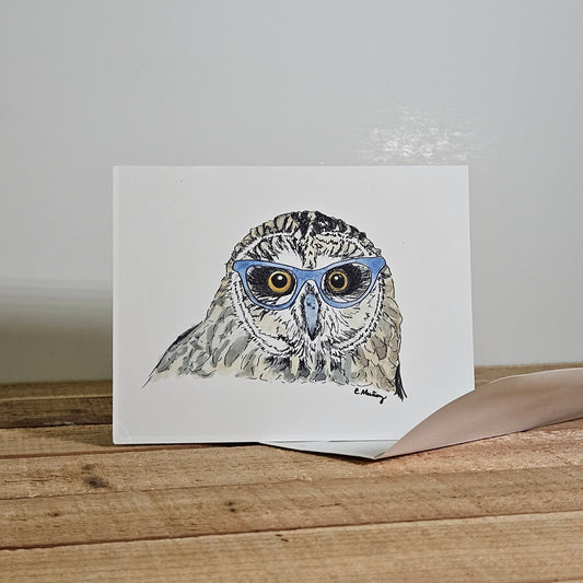 Blue Specs Owl Greeting Card – Whimsical Woodland Stationery