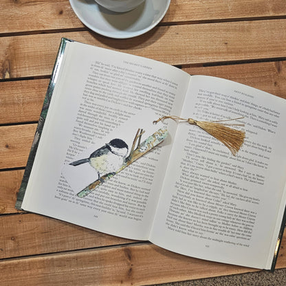 Chickadee on Branch Bookmark — 2x6 Inches, Laminated, Tassel, Biodegradable Packaging