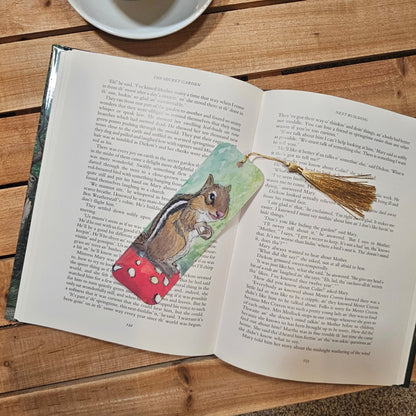 Smiling Chipmunk on Mushroom Bookmark — 2x6 Inches, Laminated for Durability, Tassel Included, Biodegradable Packaging