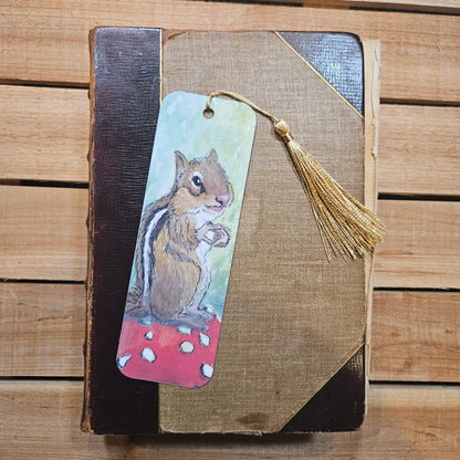 Smiling Chipmunk on Mushroom Bookmark — 2x6 Inches, Laminated for Durability, Tassel Included, Biodegradable Packaging