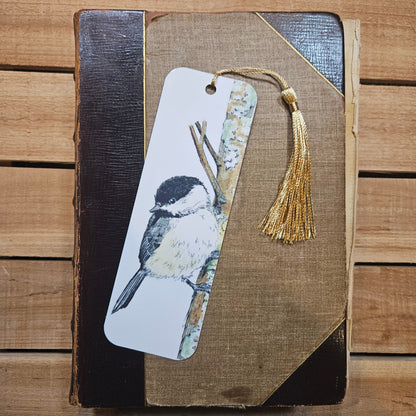 Chickadee on Branch Bookmark — 2x6 Inches, Laminated, Tassel, Biodegradable Packaging