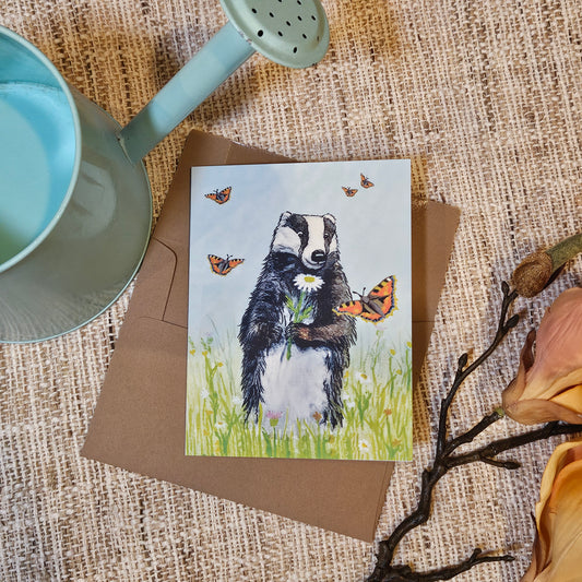 Badger and Butterflies Everyday Greeting Card - Whimsical Woodland | Blank Inside | A2 Size | FSC-Certified Paper