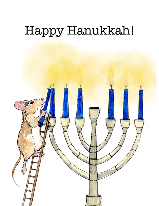 Hanukkah Greeting Card – Lamplighter Mouse Lighting the Menorah | 4.25 x 5.5 Inches