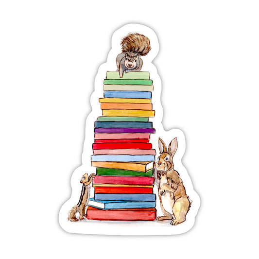 Rainbow Book Stack Squirrel Vinyl Sticker