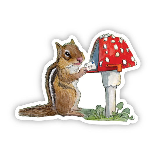 Mushroom Mailbox Chipmunk Sticker - 3x3 inches vinyl decal