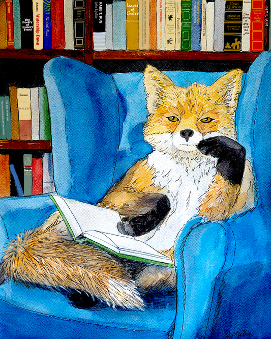 Bookish Fox art print – whimsical woodland animal gift, perfect for holidays and everyday use.