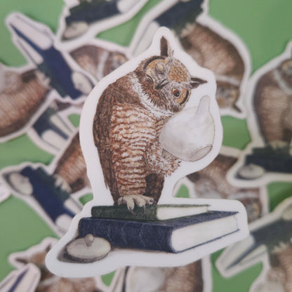 Owl and Teapot Sticker - 3x3 inch waterproof vinyl decal