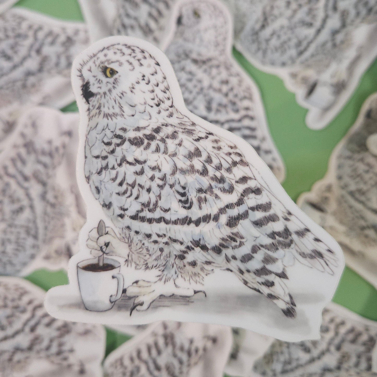Snowy Owl Stirring Cocoa Sticker – 3x3 Inch Waterproof Vinyl Decal