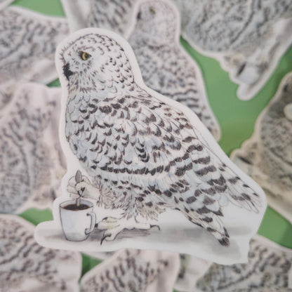 Snowy Owl Stirring Cocoa Sticker – 3x3 Inch Waterproof Vinyl Decal