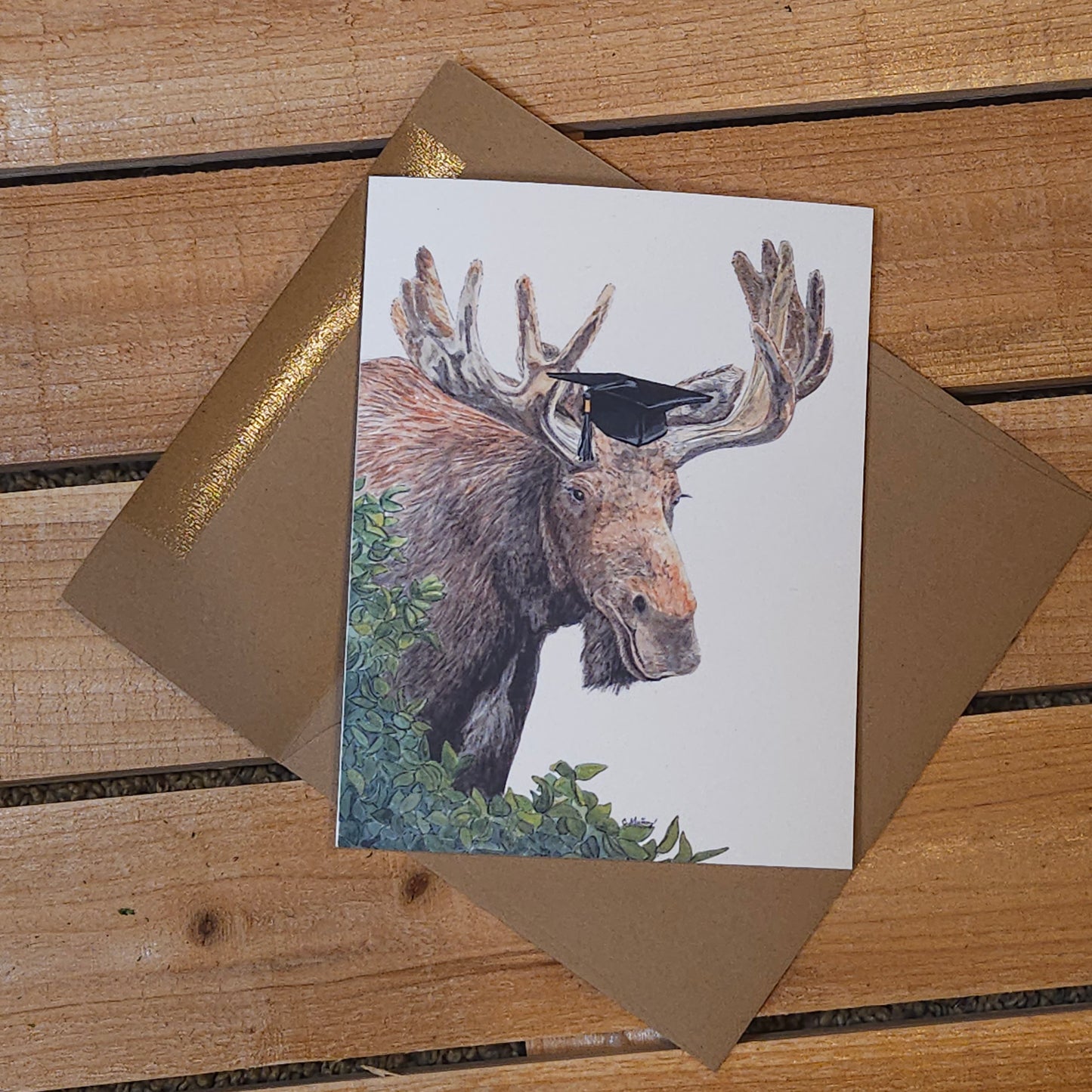 Moose in Cap Graduation Greeting Card | 4.25 x 5.5 inches | Kraft Envelope Included