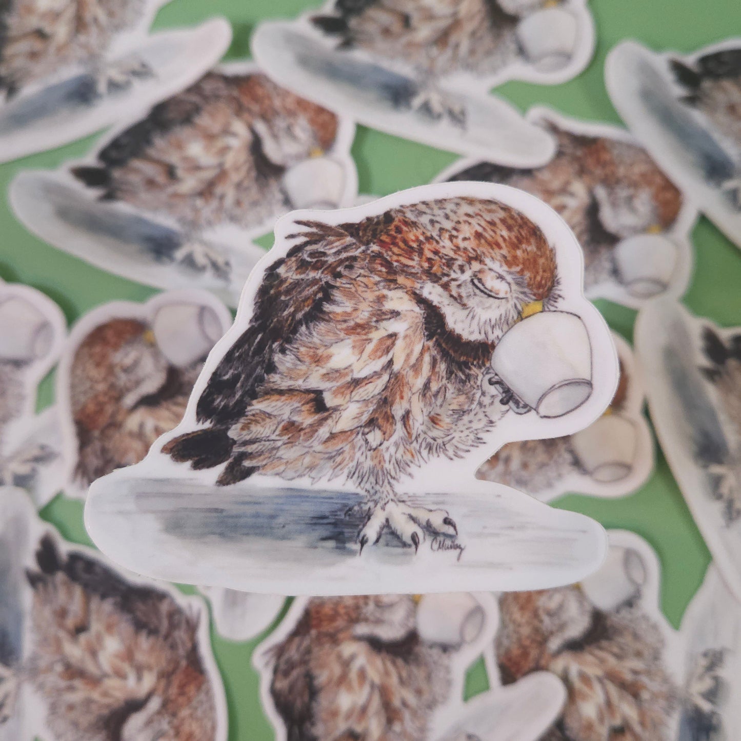 Owl Sipping Tea Sticker – 3x3 Inch Waterproof Vinyl Decal