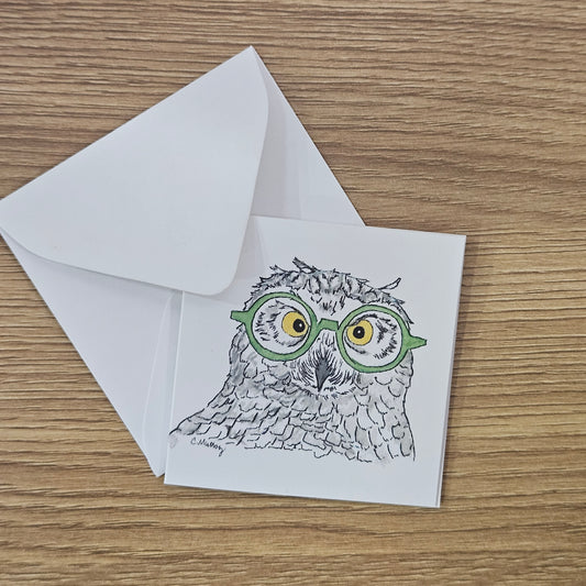 Green Glasses Owl Mini Enclosure Card | 3x3 Gift Tag