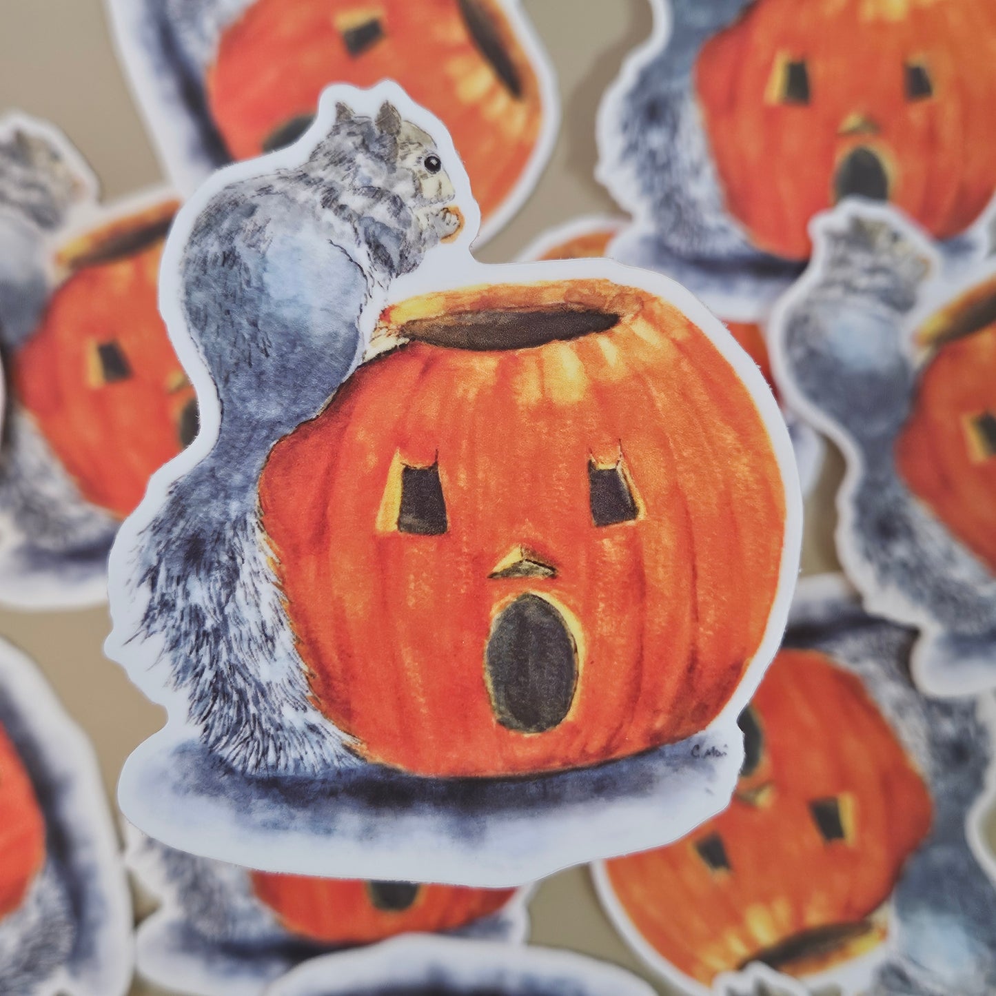 Pumpkin Surprise Squirrel Sticker - 3x3” waterproof vinyl decal
