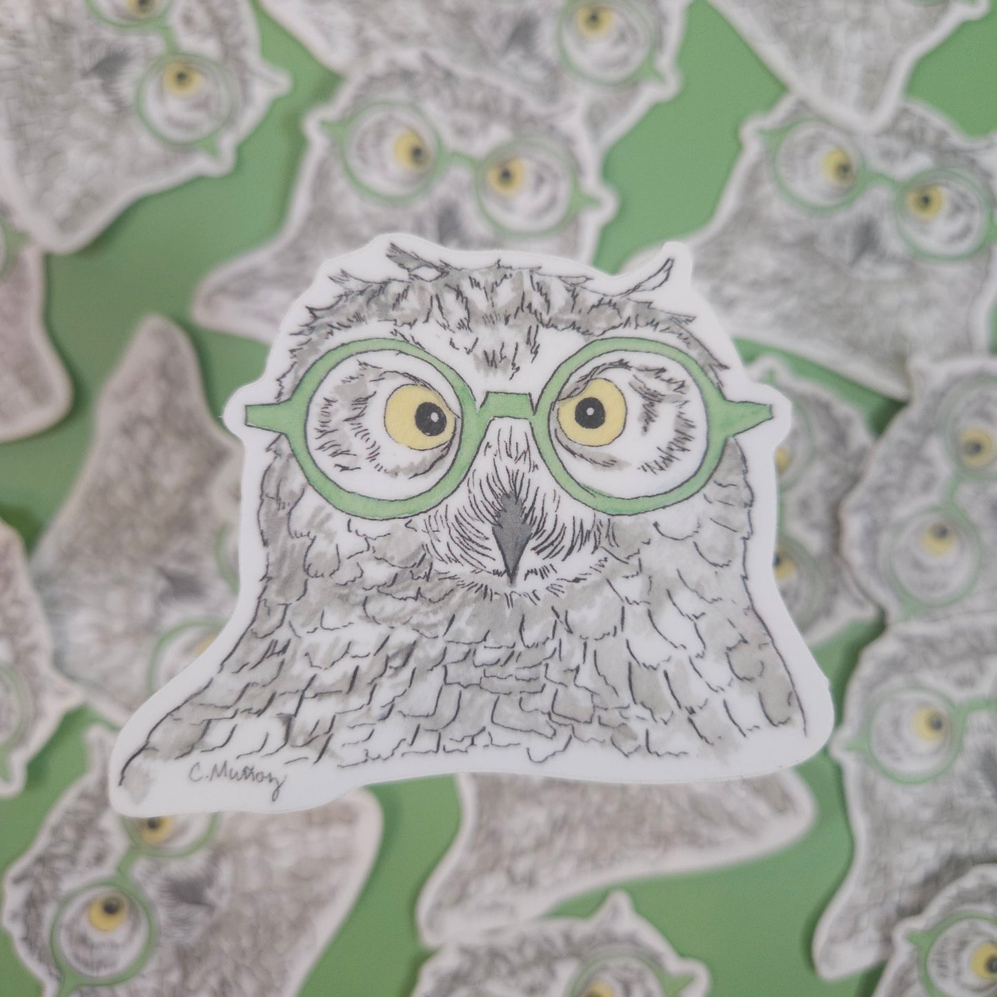 Snowy Owl Green Specs Sticker - 3x3” waterproof vinyl decal