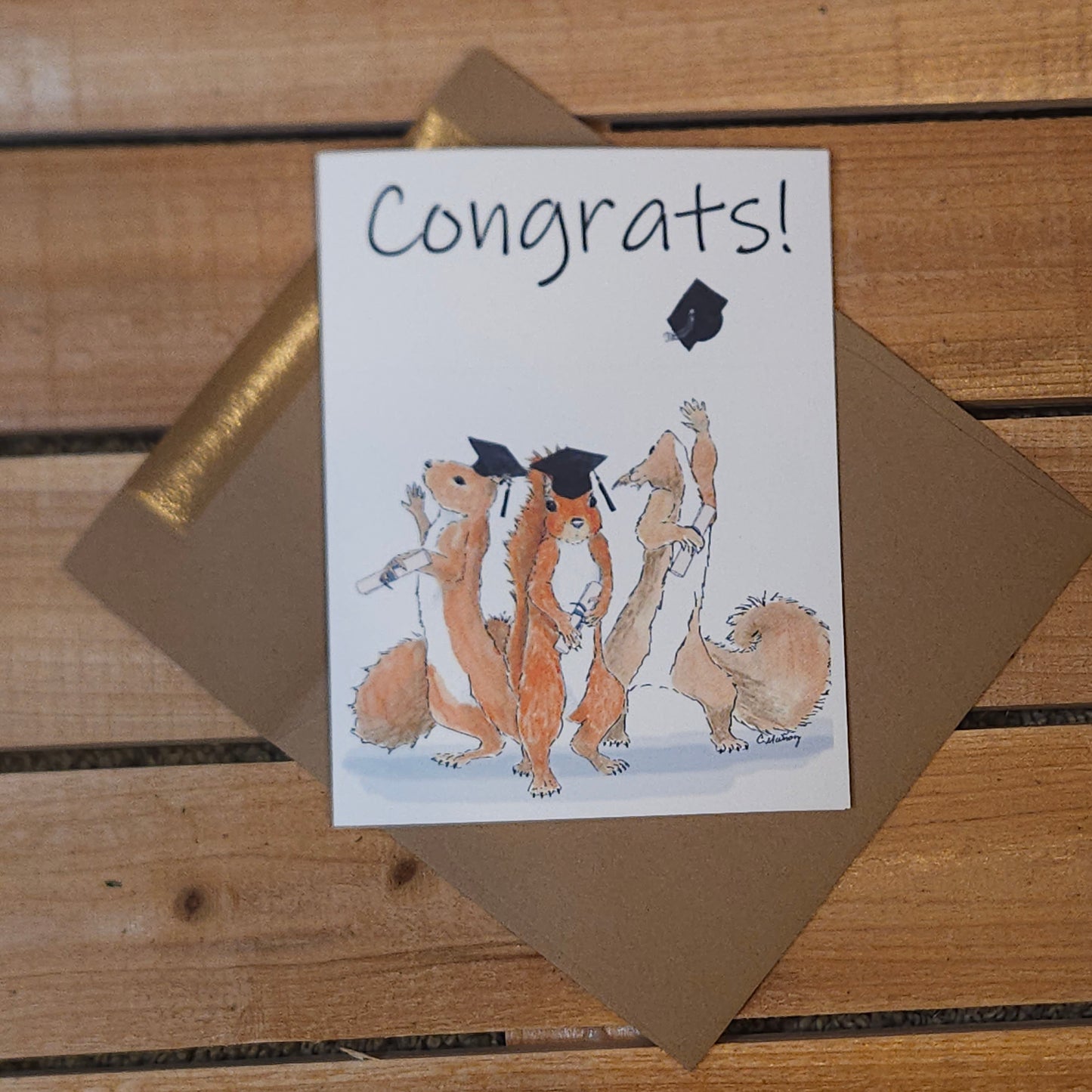 “Congrats” Red Squirrels Graduation Greeting Card | 4.25 x 5.5 inches | Kraft Envelope Included
