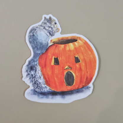Pumpkin Surprise Squirrel Sticker - 3x3” waterproof vinyl decal