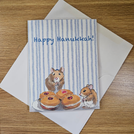 Whimsical Mice and Sufganiyot Hanukkah Greeting Card