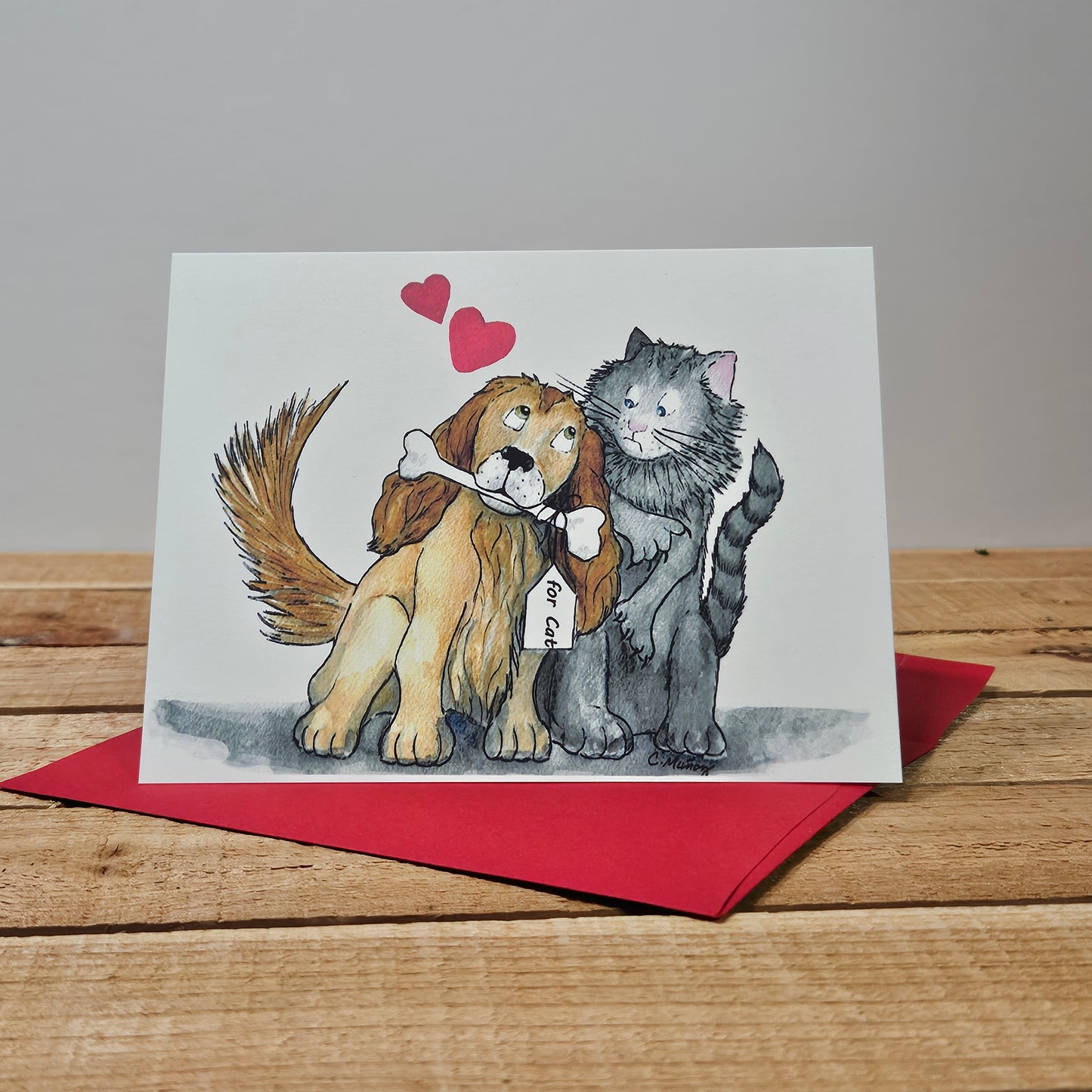 Valentine’s Day Greeting Card — Dog & Cat Friendship | 4.25 x 5.5 inches | Red Envelope Included