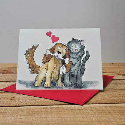 Valentine’s Day Greeting Card — Dog & Cat Friendship | 4.25 x 5.5 inches | Red Envelope Included