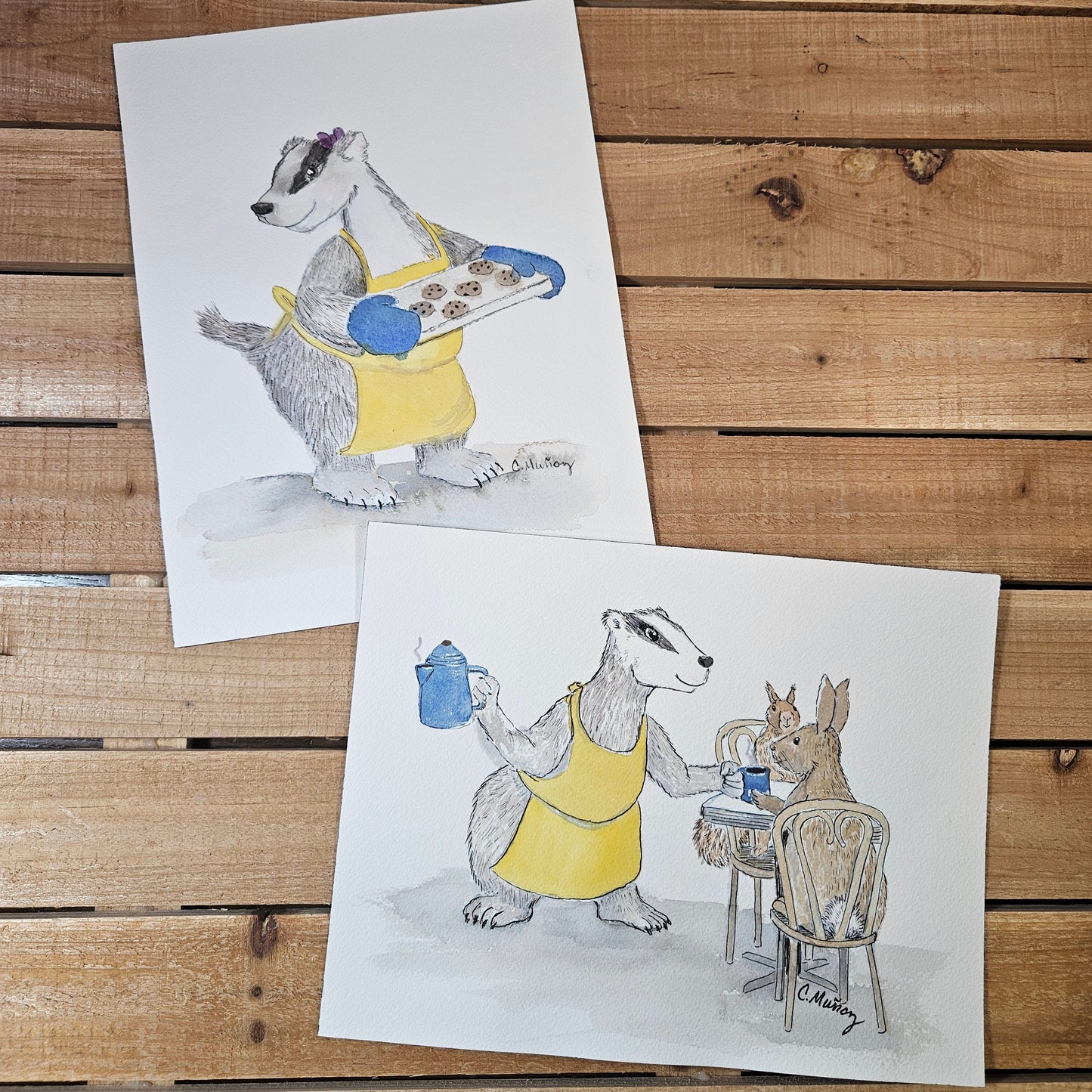 Baking Badger with yellow apron (2 painting set)
