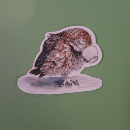 Owl Sipping Tea Sticker – 3x3 Inch Waterproof Vinyl Decal