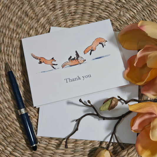 Frolicking Fox Thank You Greeting Card – whimsical woodland animal gift, perfect for holidays and everyday use.