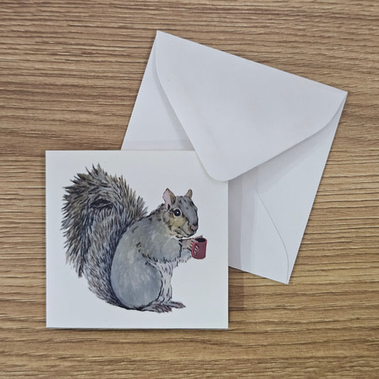 Squirrel with Mug Mini Enclosure Card | 3x3 Cozy Gift Tag