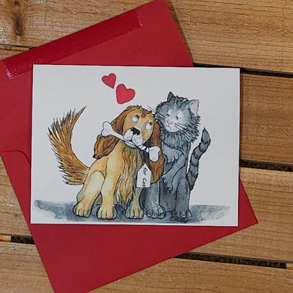 Valentine’s Day Greeting Card — Dog & Cat Friendship | 4.25 x 5.5 inches | Red Envelope Included