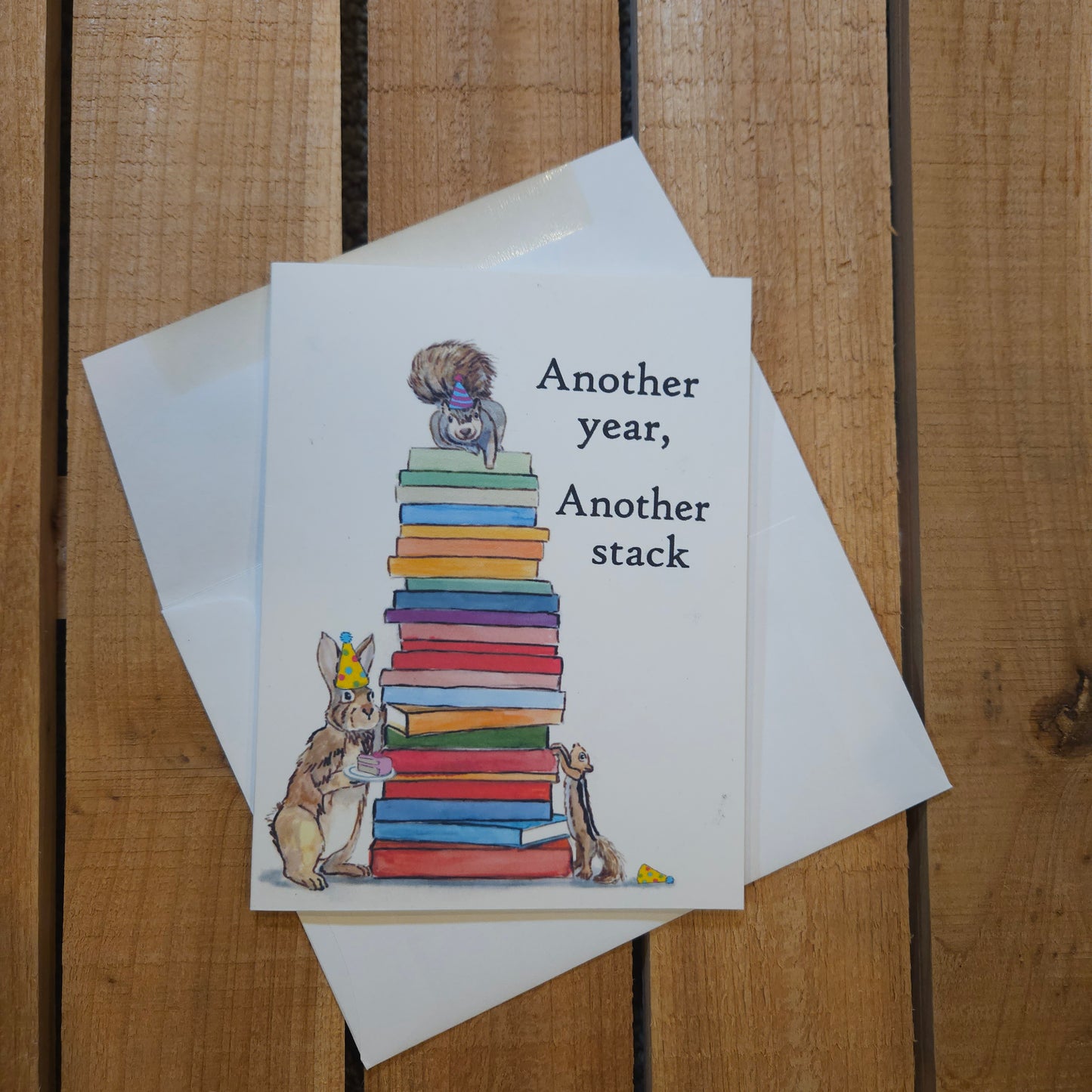 Another Year Another Stack Birthday Card - Whimsical Woodland | Bookish humor