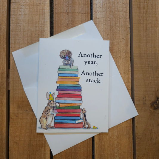 Another Year Another Stack Birthday Card - Whimsical Woodland | Bookish humor