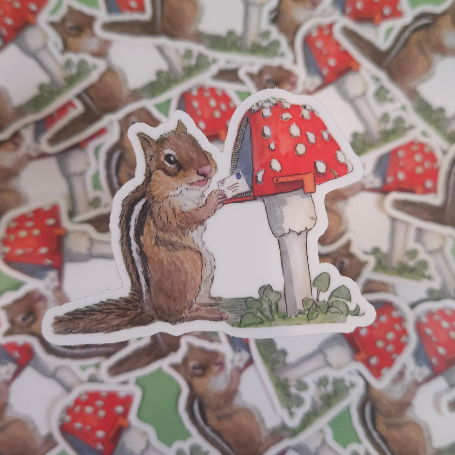 Mushroom Mailbox Chipmunk Sticker - 3x3 inches vinyl decal