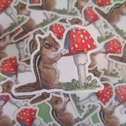 Mushroom Mailbox Chipmunk Sticker - 3x3 inches vinyl decal