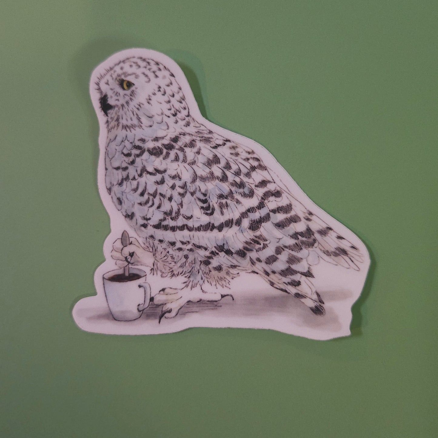 Snowy Owl Stirring Cocoa Sticker – 3x3 Inch Waterproof Vinyl Decal