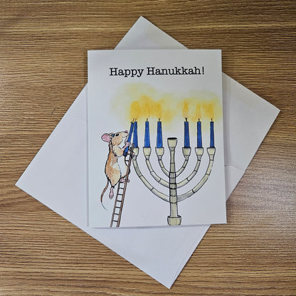 Hanukkah Greeting Card – Lamplighter Mouse Lighting the Menorah | 4.25 x 5.5 Inches