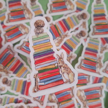Rainbow Book Stack Squirrel Sticker - 3x3” waterproof vinyl decal