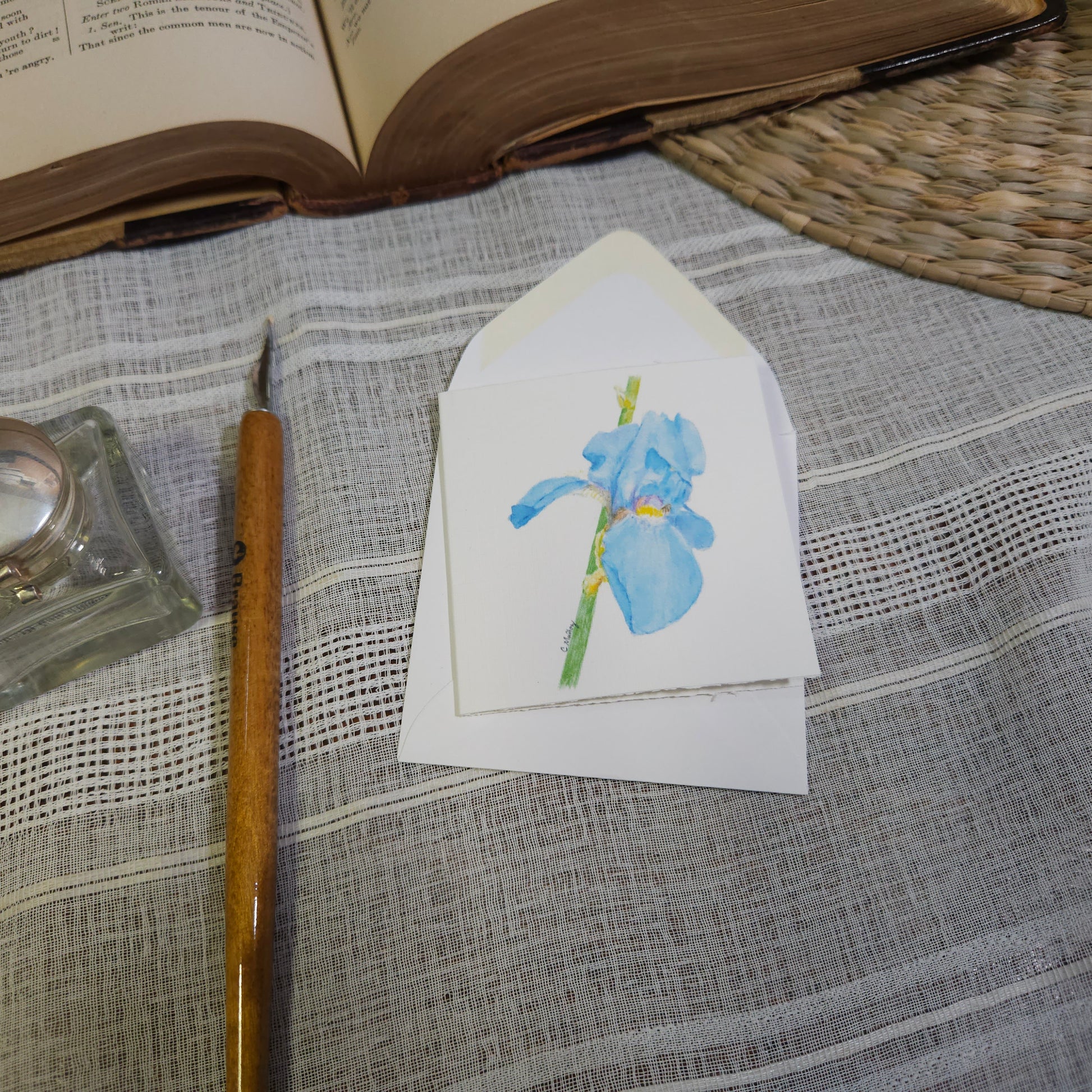 Blue Iris Mini Greeting Card – whimsical woodland animal gift, perfect for holidays and everyday use.