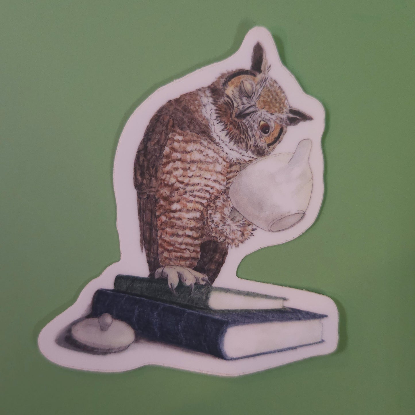 Owl and Teapot Sticker - 3x3 inch waterproof vinyl decal